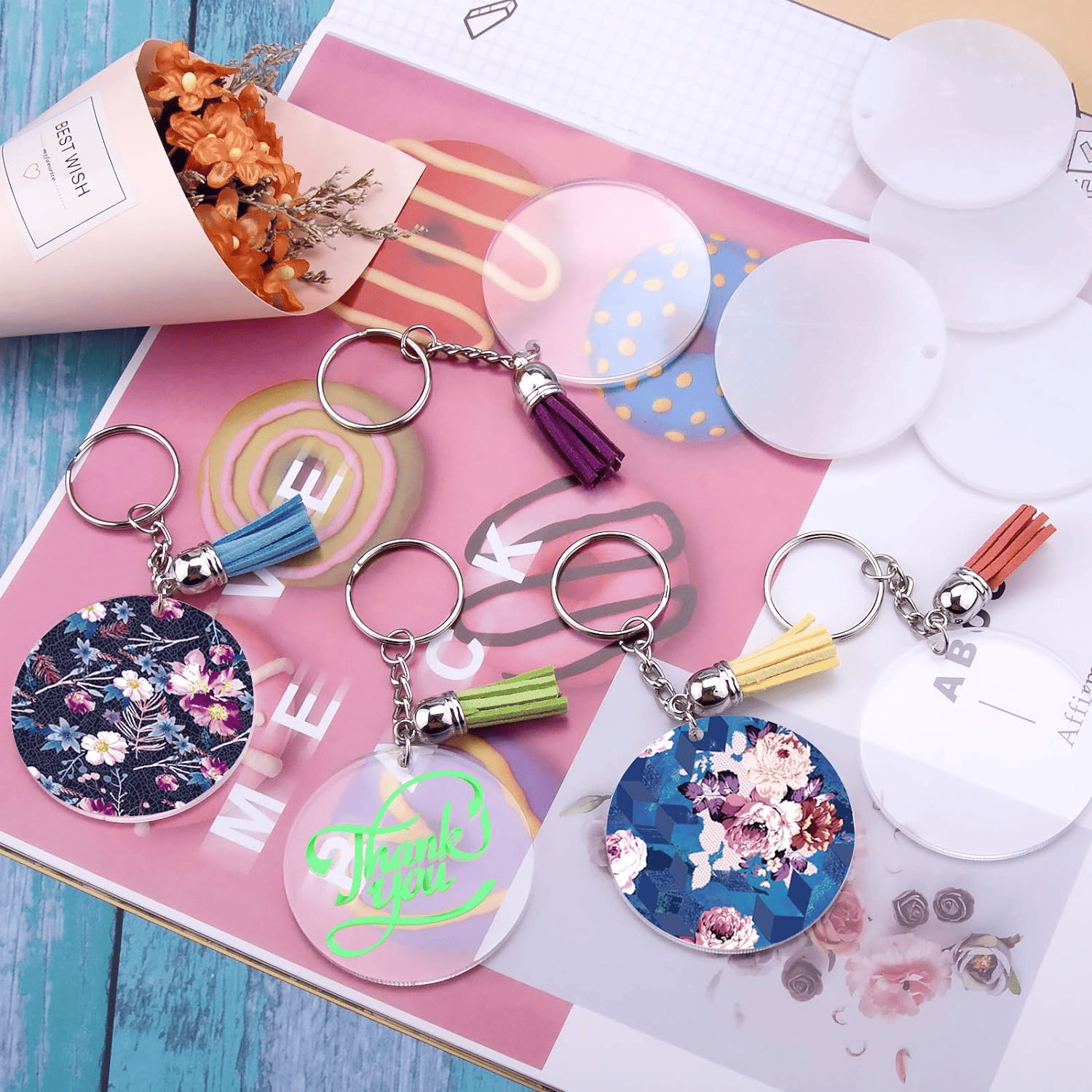 22 Pieces & 40 Key Ring Acrylic Blanks Keychain